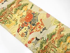 アンティーク　鶴に御所車・松梅模様織り出し丸帯(着用可)